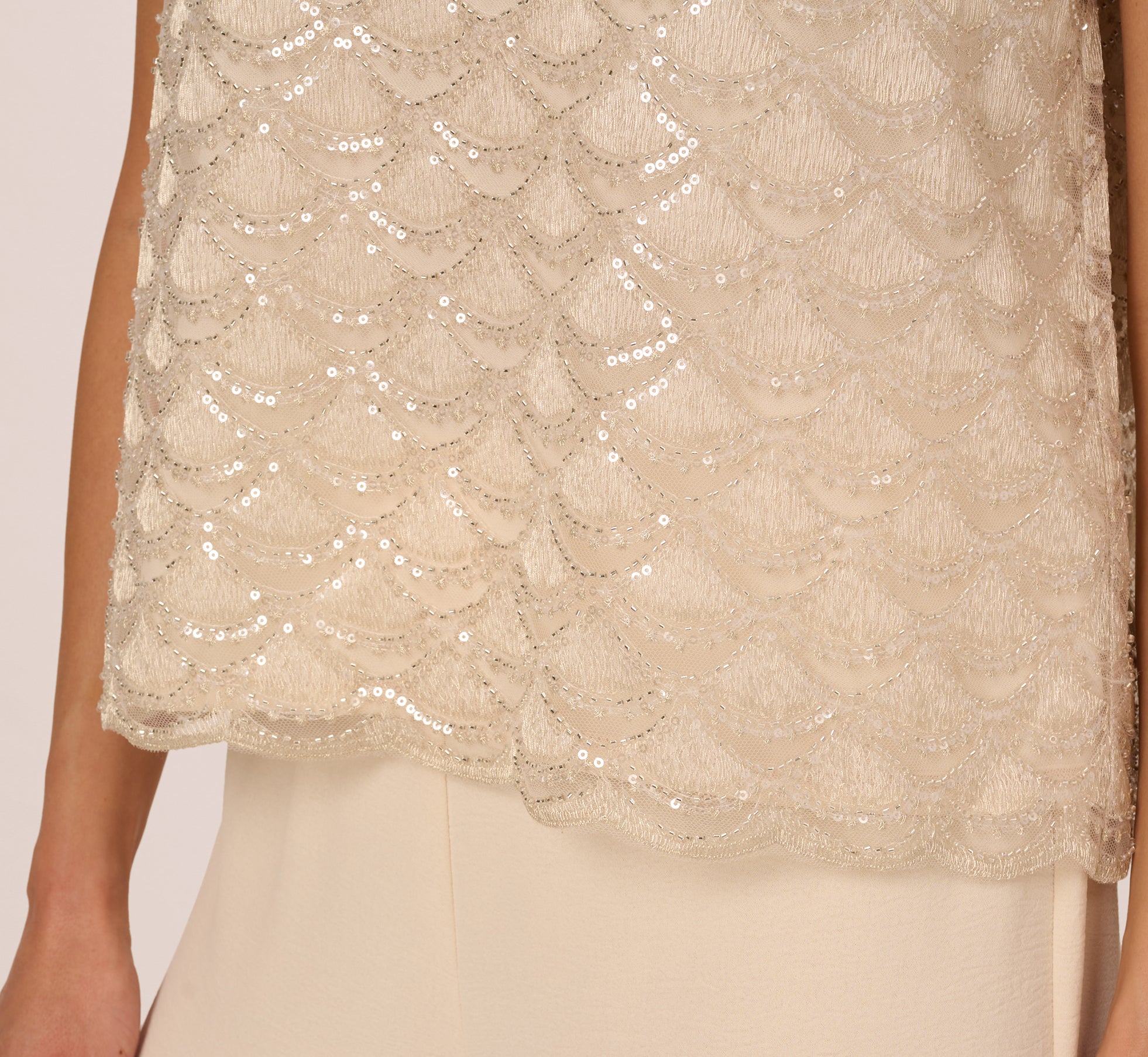 Short Sleeve Sequin Overlay Top In Pale Taupe、mySite、solidvoid