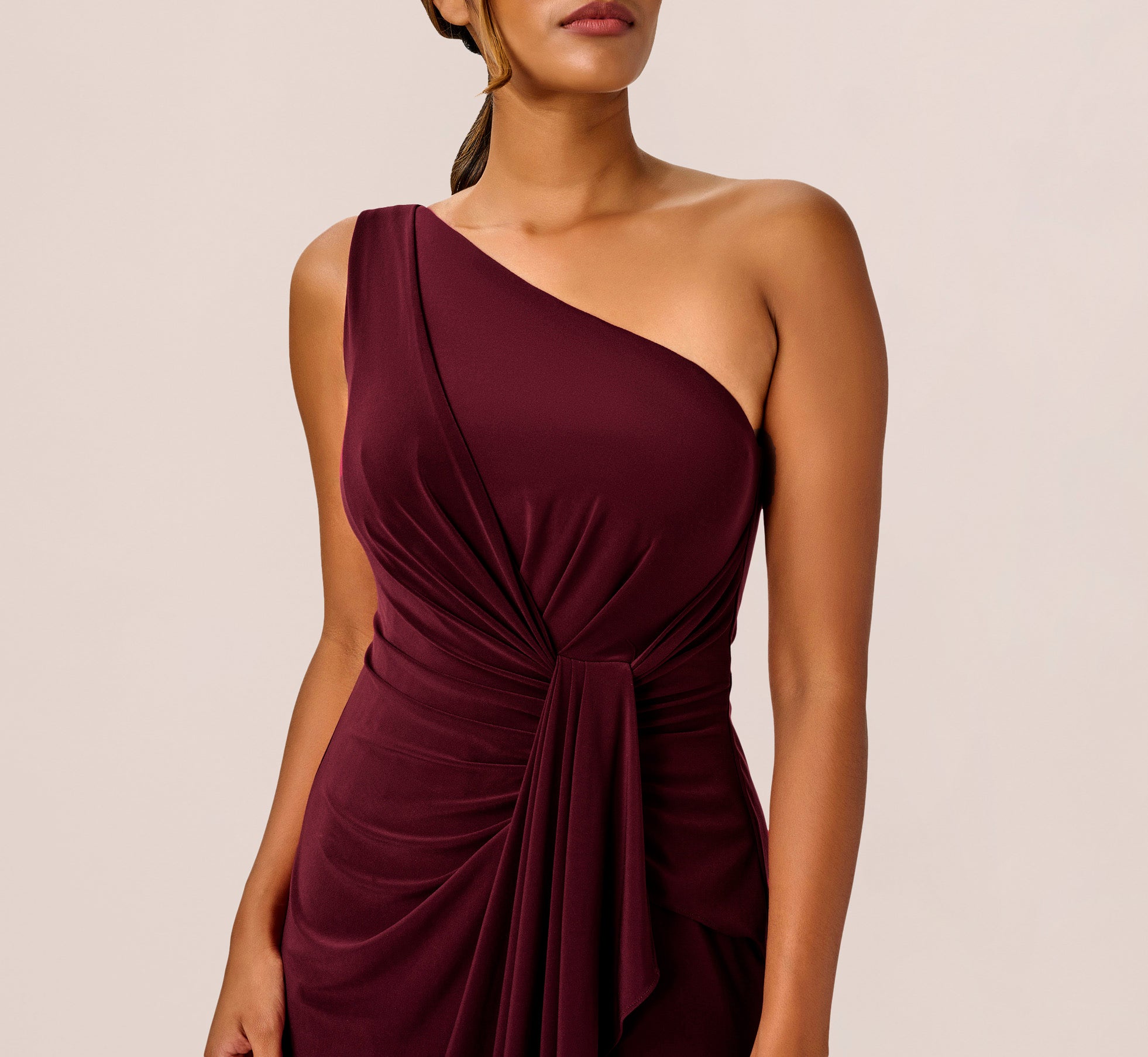 One Shoulder Dress With Draped Waist Detail In Red Wine、mySite、solidvoid