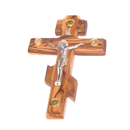 Small Olive Wood Patriarchal Three bar Russian Crucifix with Holy Land Samples. (16cm or 6.4 inch) with Certificate、mySite、topwebapps