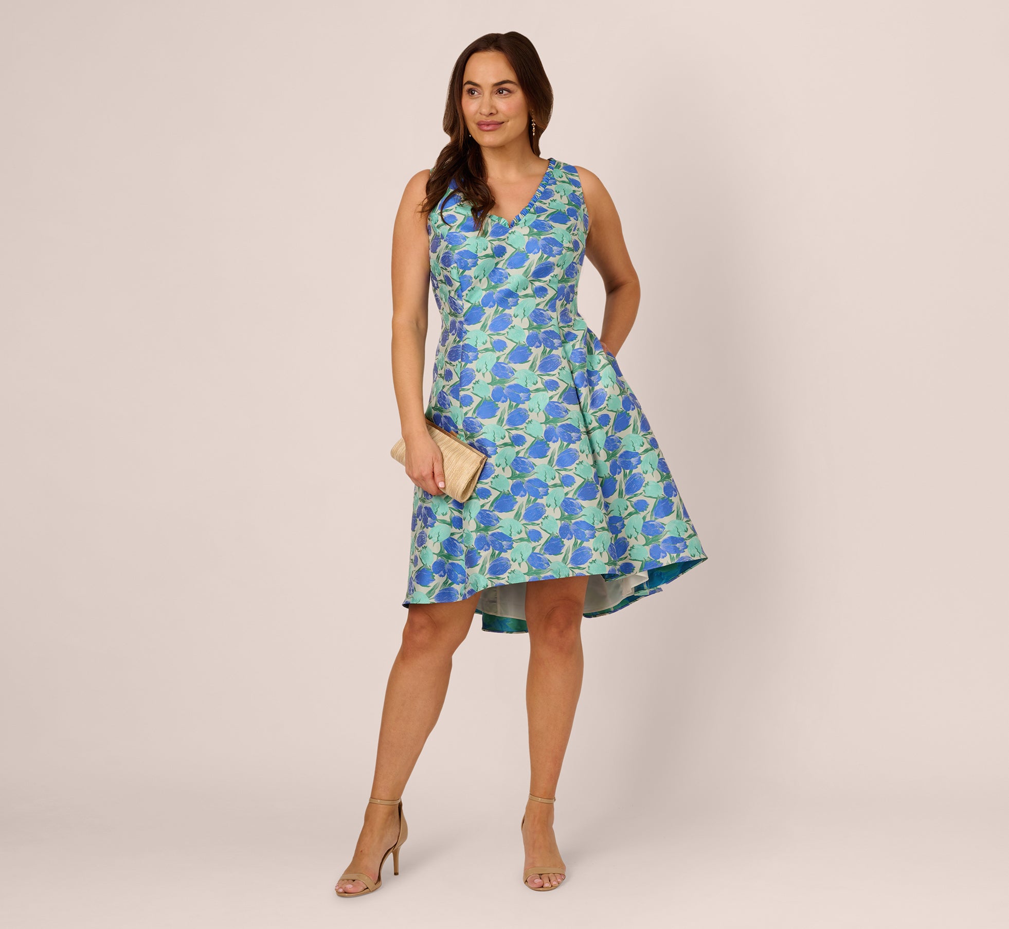 Plus Size Sleeveless Tulip Jacquard Fit And Flare Midi Dress In Blue Green Multi、mySite、solidvoid