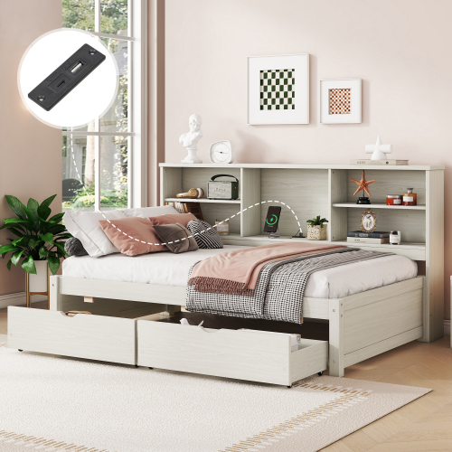 Twin Size Bed Frame With Side Bookshelves, Two Drawers, And Built-in USB Port For Natural Color、、xpatfood