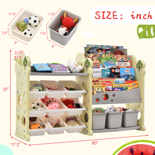 Kids Toy Storage Organizer with 14 Bins, Multi-functional Nursery Organizer Kids Furniture Set Toy Storage Cabinet Unit with HDPE Shelf and Bins for Playroom, Bedroom, Living Room、、casual
