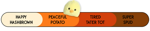 A Spudsters chick plush by Aurora that is placed at peaceful potato on the spud-o-meter