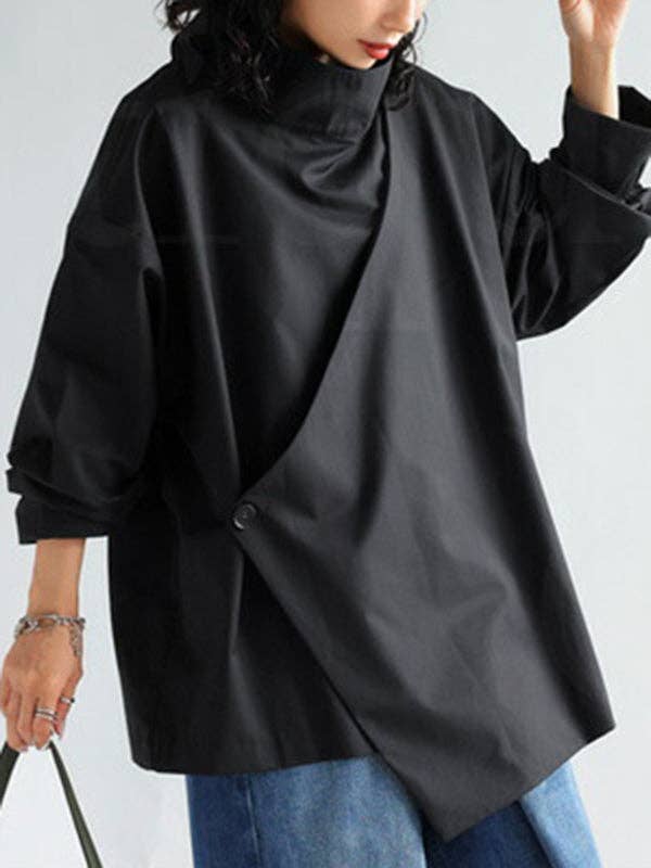 High Neck Loose Fit Solid Color Long Sleeve T-shirt Top、mySite、dreamappss