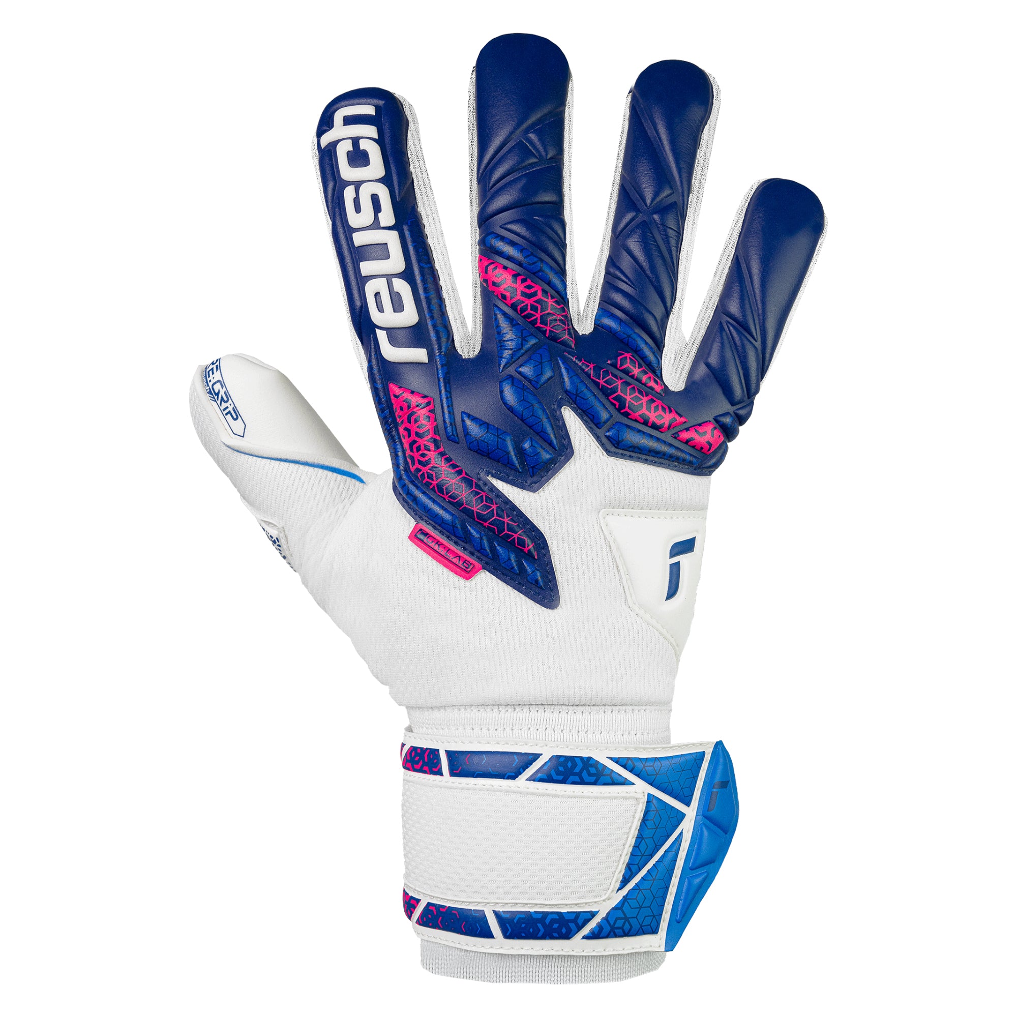 Reusch Men's Attrakt RE. Grip NC Fingersave Goalkeeper Gloves White/Blue/Pink、mySite、noshort