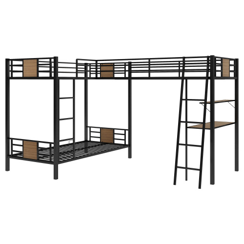 L-Shaped Twin over Twin Bunk Bed with Twin Size Loft Bed with Desk and Shelf ,Brown、、casual