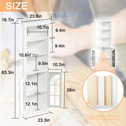 Corner Storage Cabinet, 63.3" Tall Freestanding Bookcase with Doors & Adjustable Shelves, 5-Tier Corner Display Cabinet for Living Room, Office, Dining Room, White、、casual