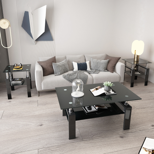 Set of 2, Modern Tempered Glass Tea Table Coffee Table End Table, Square Table for Living Room, Transparent/White、、casual