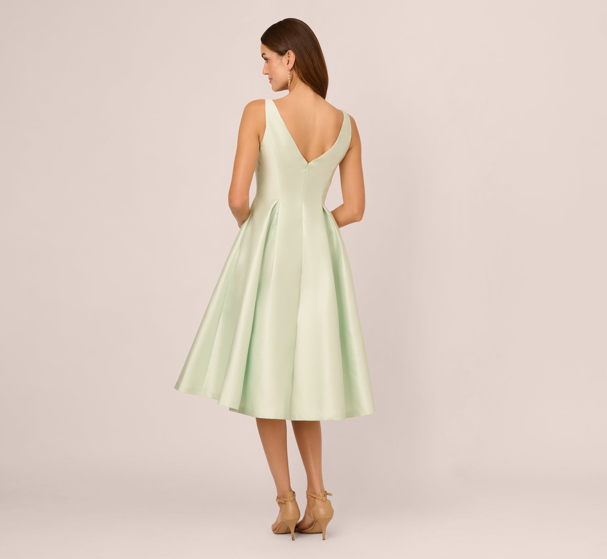 Sleeveless Mikado Fit And Flare Midi Dress With V-Back In Aloe Mist、mySite、solidvoid