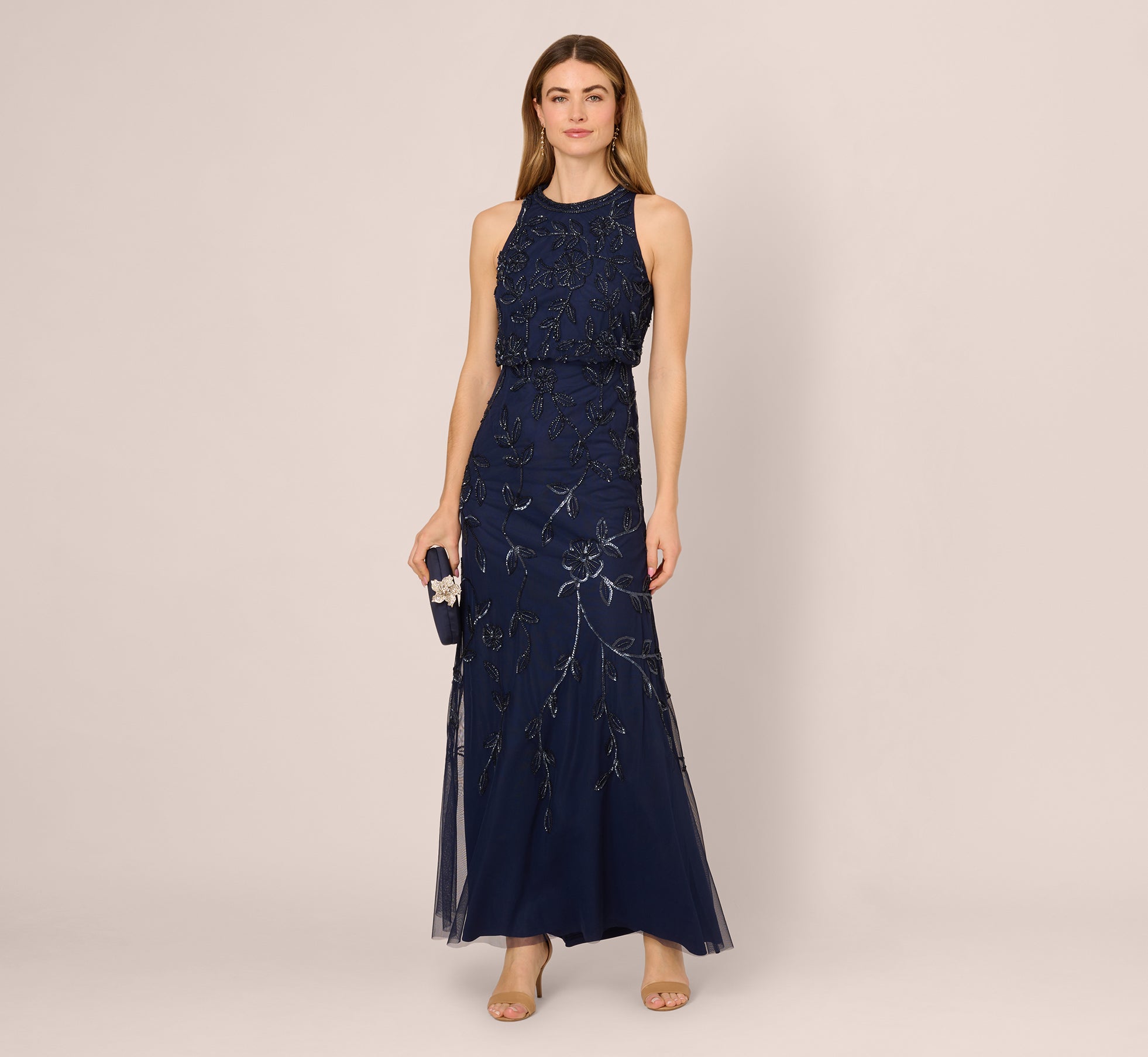 Sleeveless Blouson Mermaid Gown With Jasmine Beading In Light Navy、mySite、solidvoid