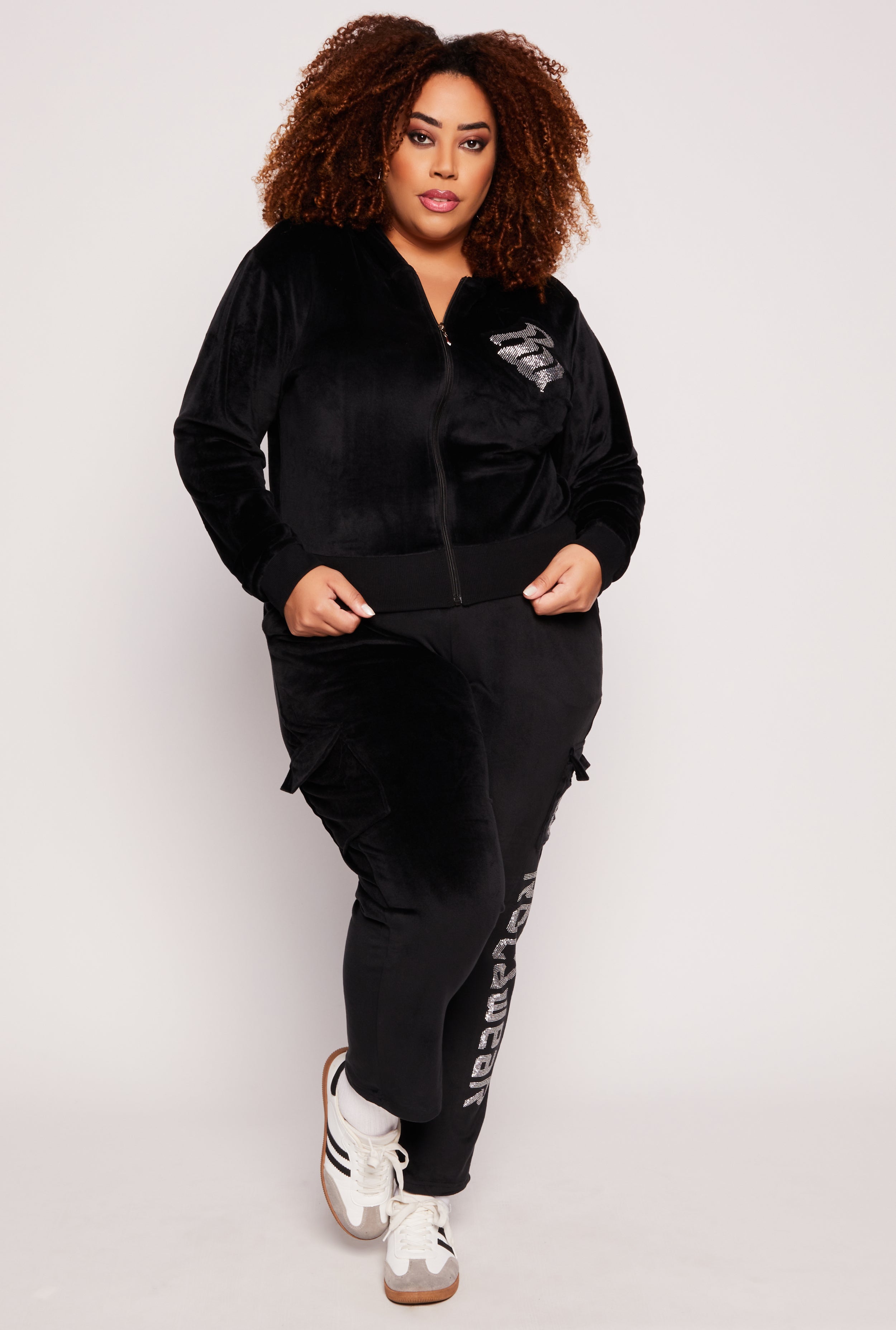 Plus Size Rocawear Rhinestone Velour Zip Front Hoodie、mySite、camillekostekn