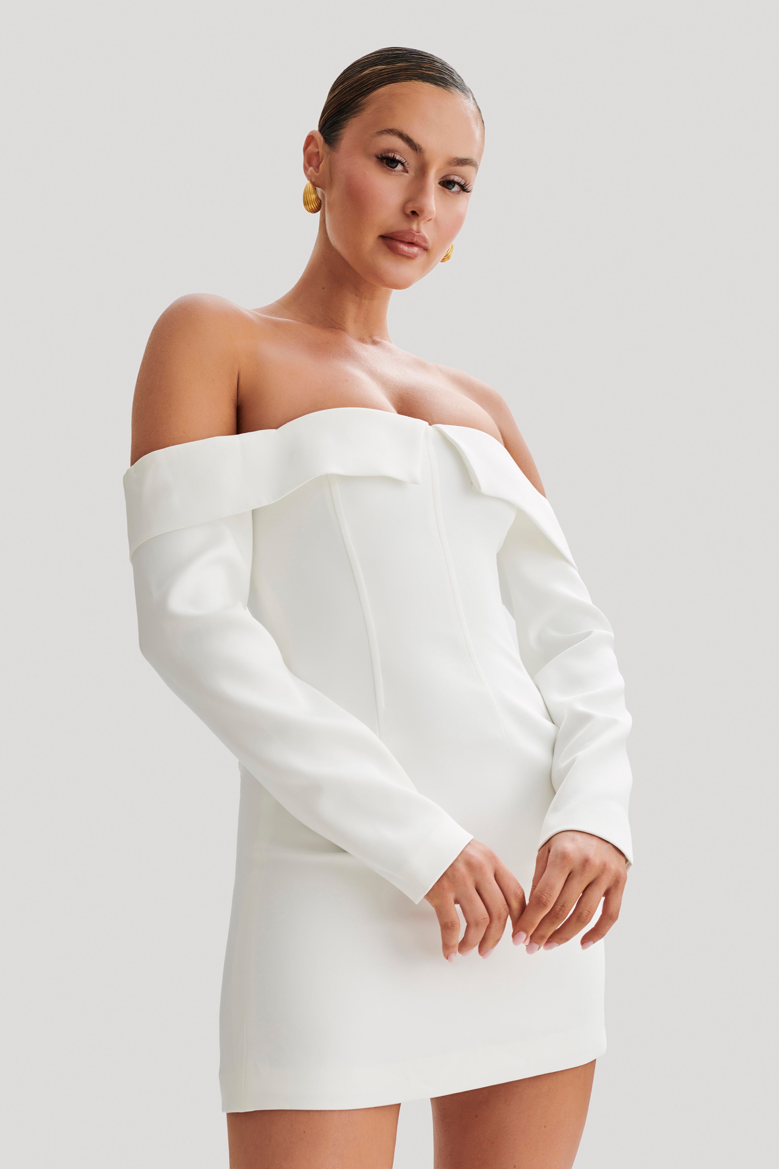 Hugo Suiting Off Shoulder Mini Dress - Ivory、mySite、solidvoid