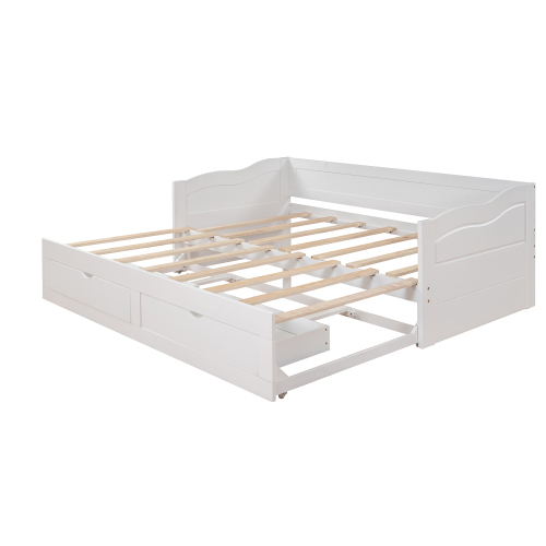 Wooden Daybed with Trundle Bed and Two Storage Drawers , Extendable Bed Daybed,Sofa Bed for Bedroom Living Room,White、、casual