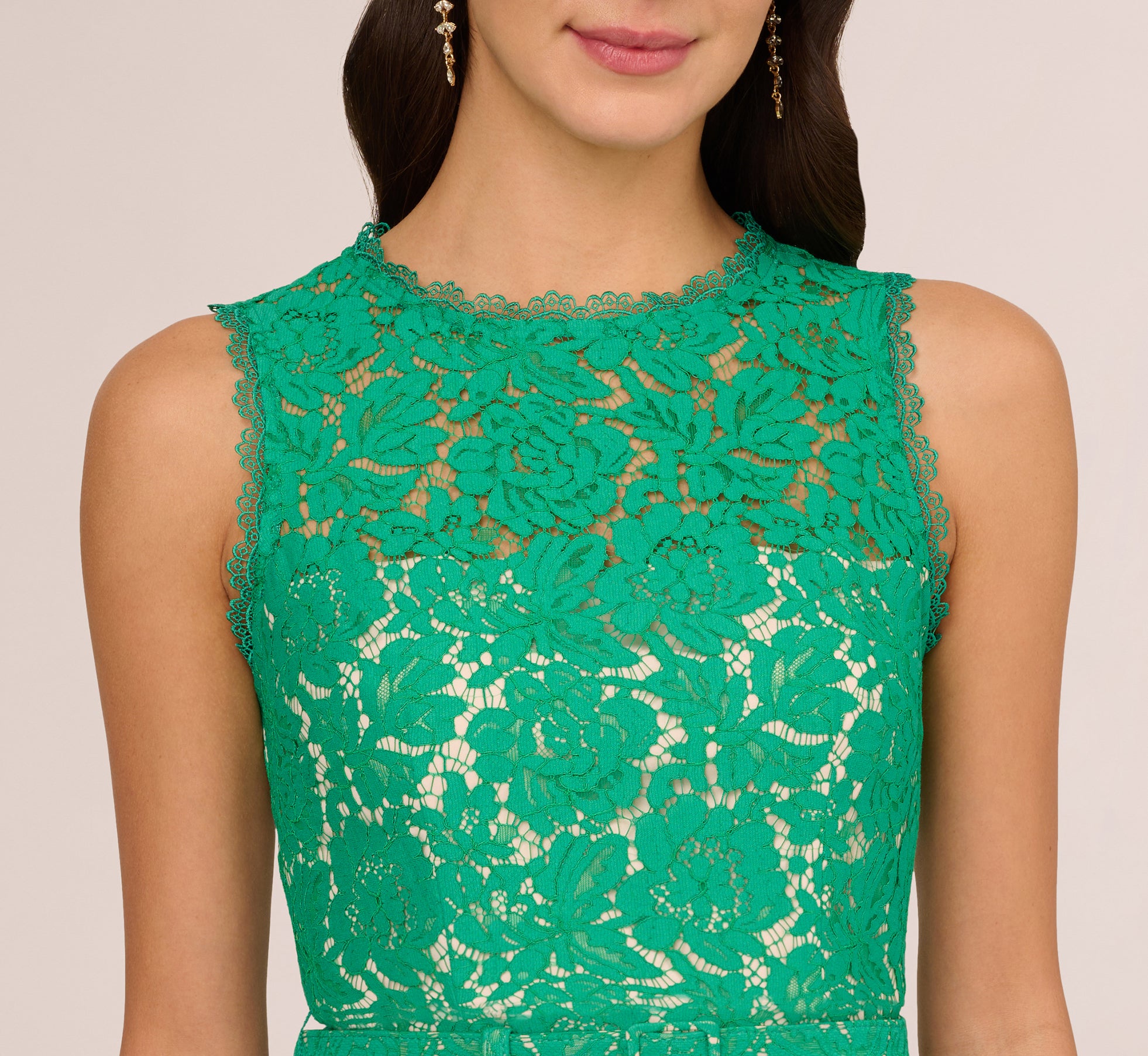 Sleeveless Lace Fit And Flare Dress With Sheer Details In Botanic Green、mySite、solidvoid