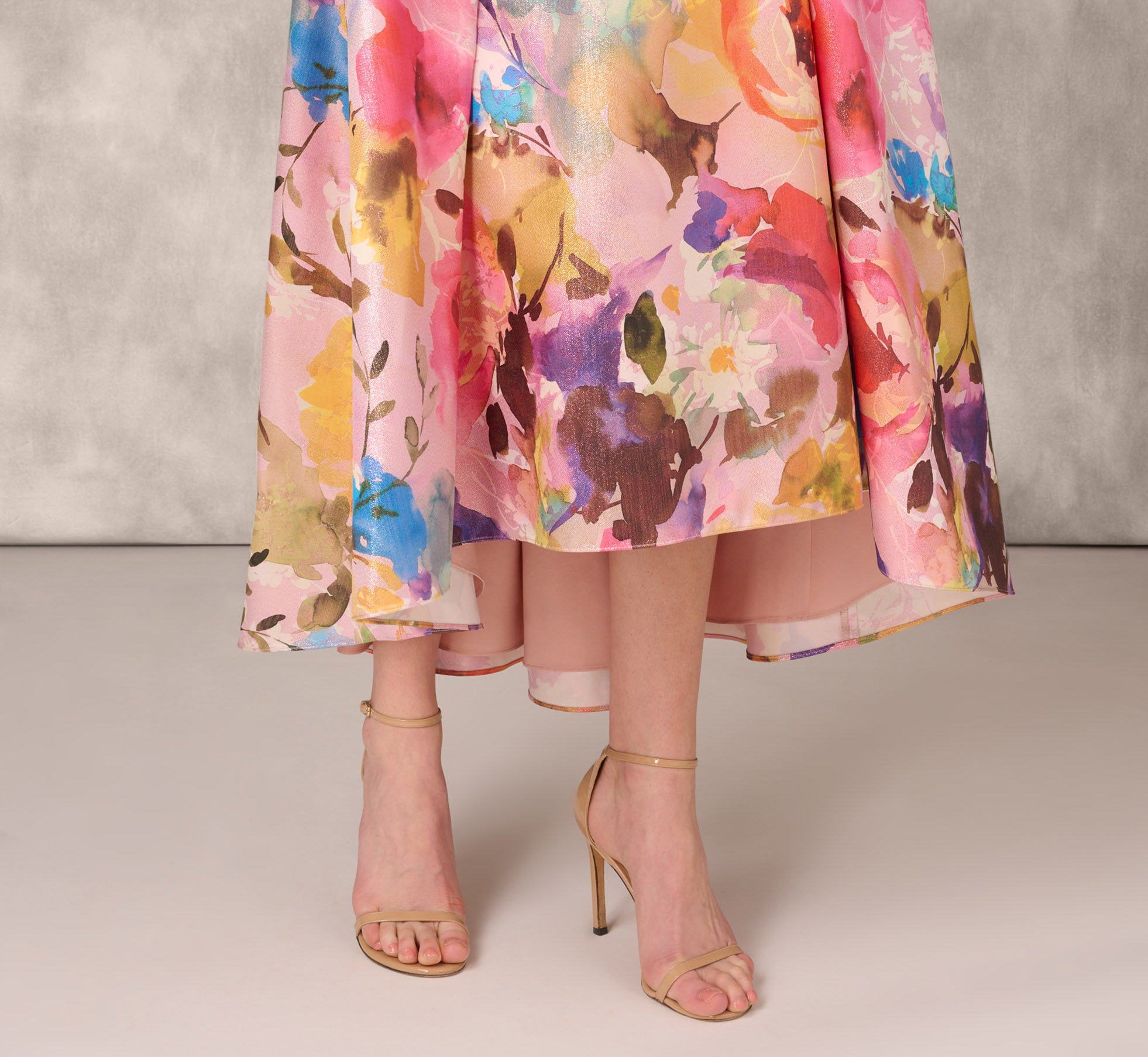 Multicolor Metallic Floral Print Jacquard High Low Gown With Pockets In Pink Multi、mySite、solidvoid