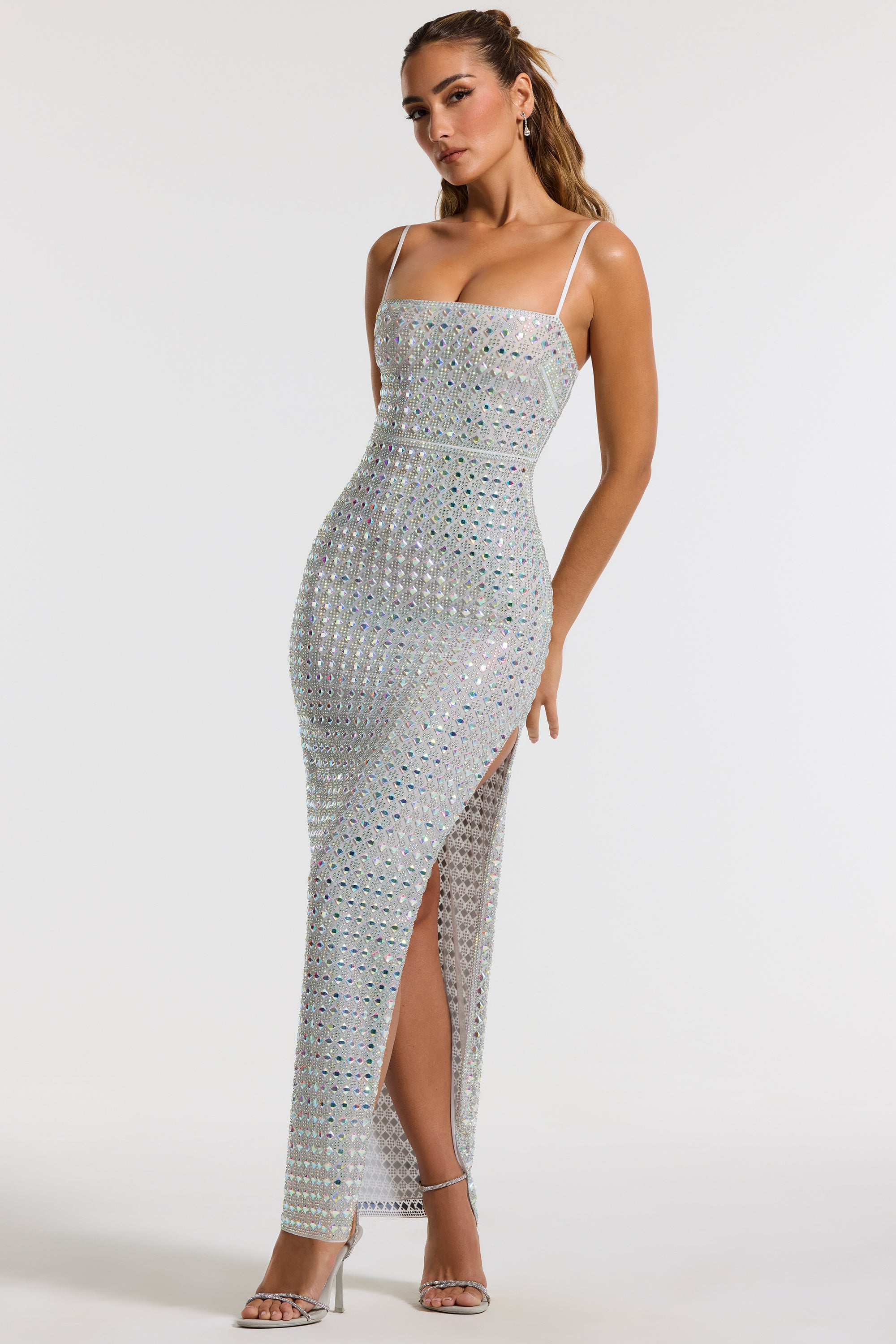 Embellished Square Neck Evening Gown in Silver、mySite、solidvoid