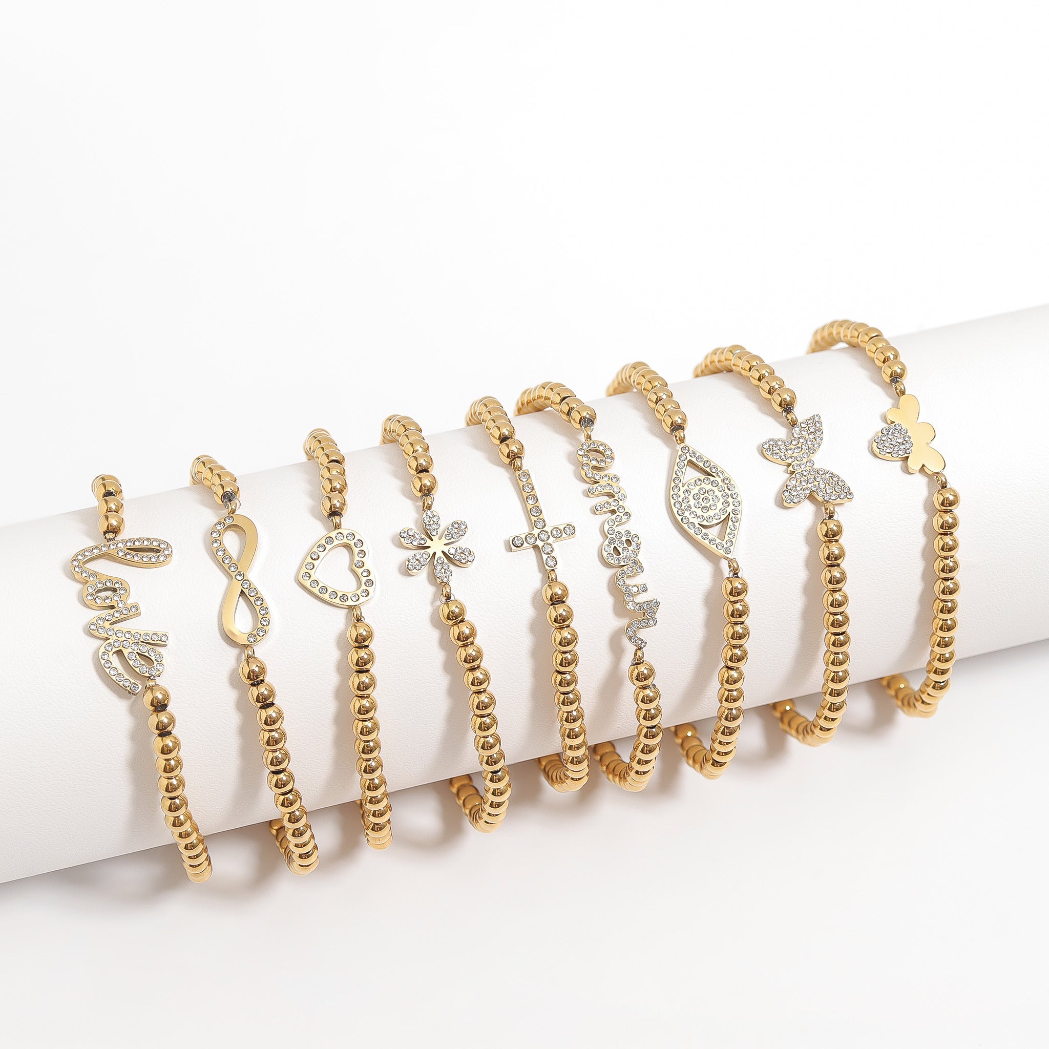 18K Gold PVD Stainless Steel Stone Heart Metal Beaded Stretch Bracelet / BRJ1016、mySite、dreamappss