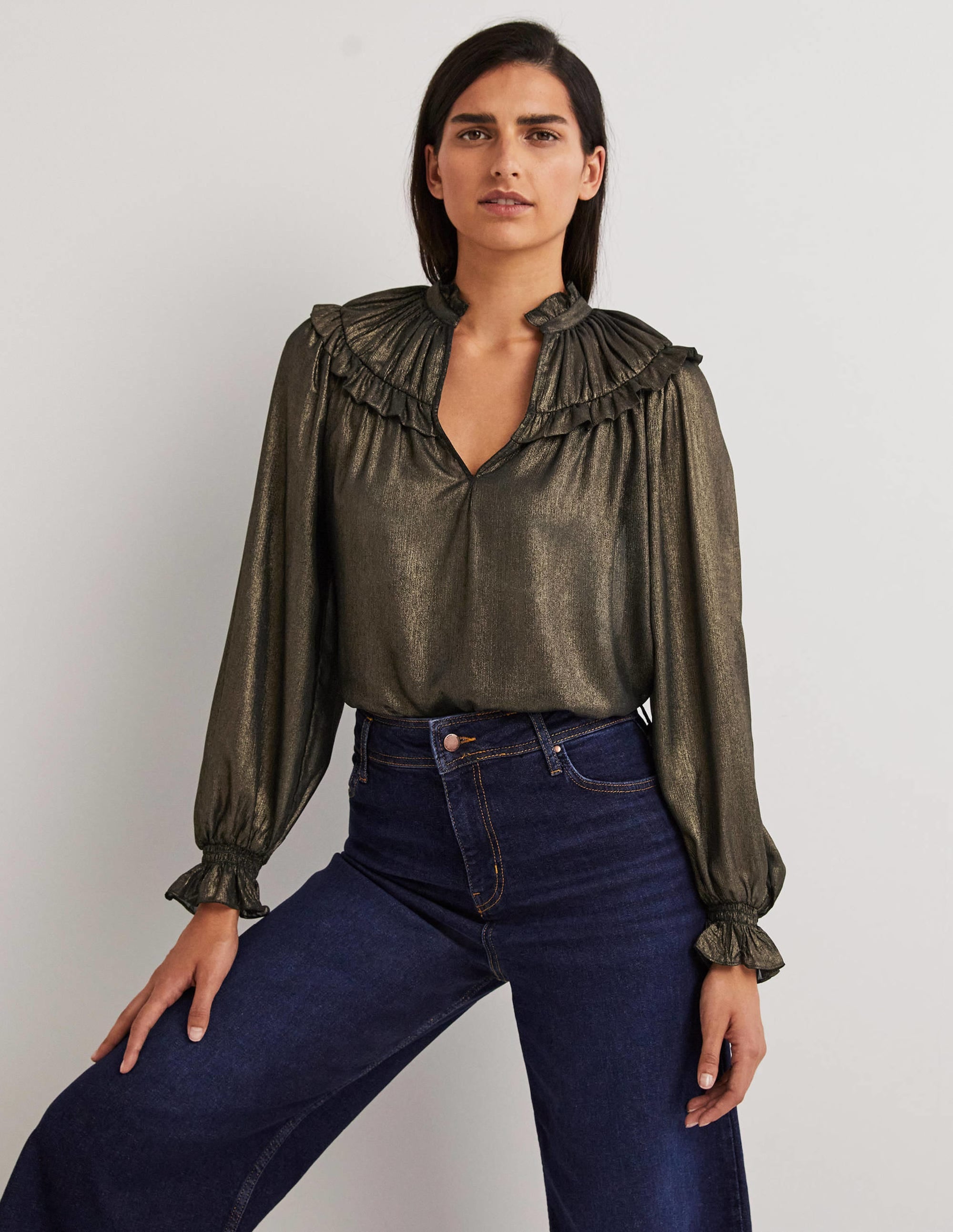  Gold Ruffle Collar Metallic Top-Gold、mySite、ashleygrahame