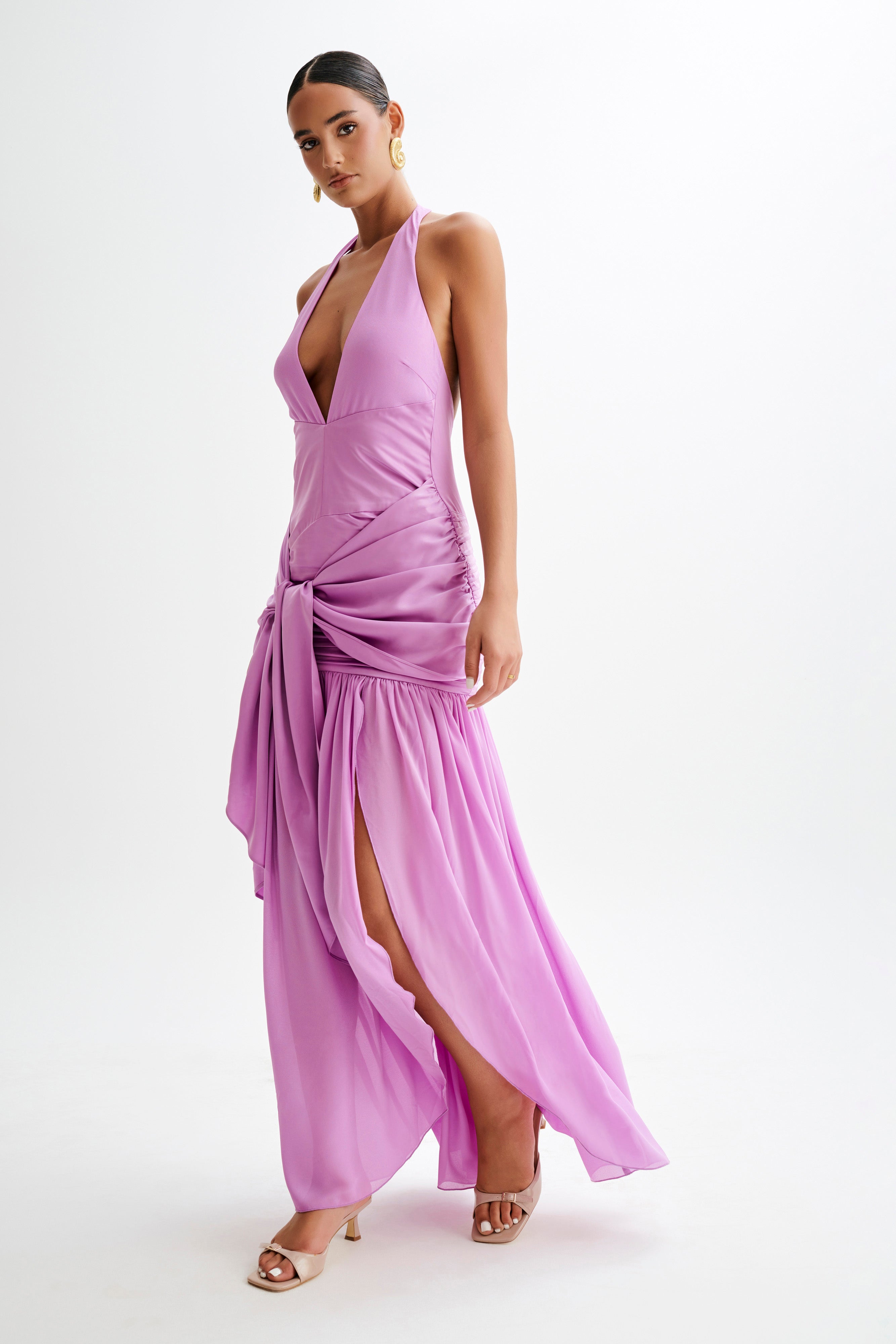 Graziana Satin Chiffon Plunge Maxi Dress - Violet、mySite、solidvoid