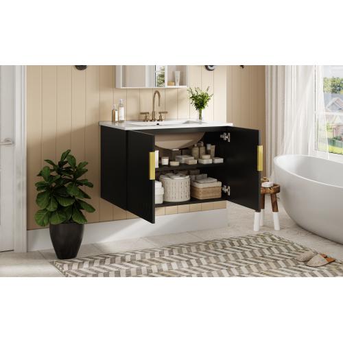 30" Vintage Bathroom Vanity with Ceramic Sink, with 3 Holes Single Ceramic Sink, Bathroom Storage Vanity Cabinet with 2 Soft Closing Doors、、xpatfood