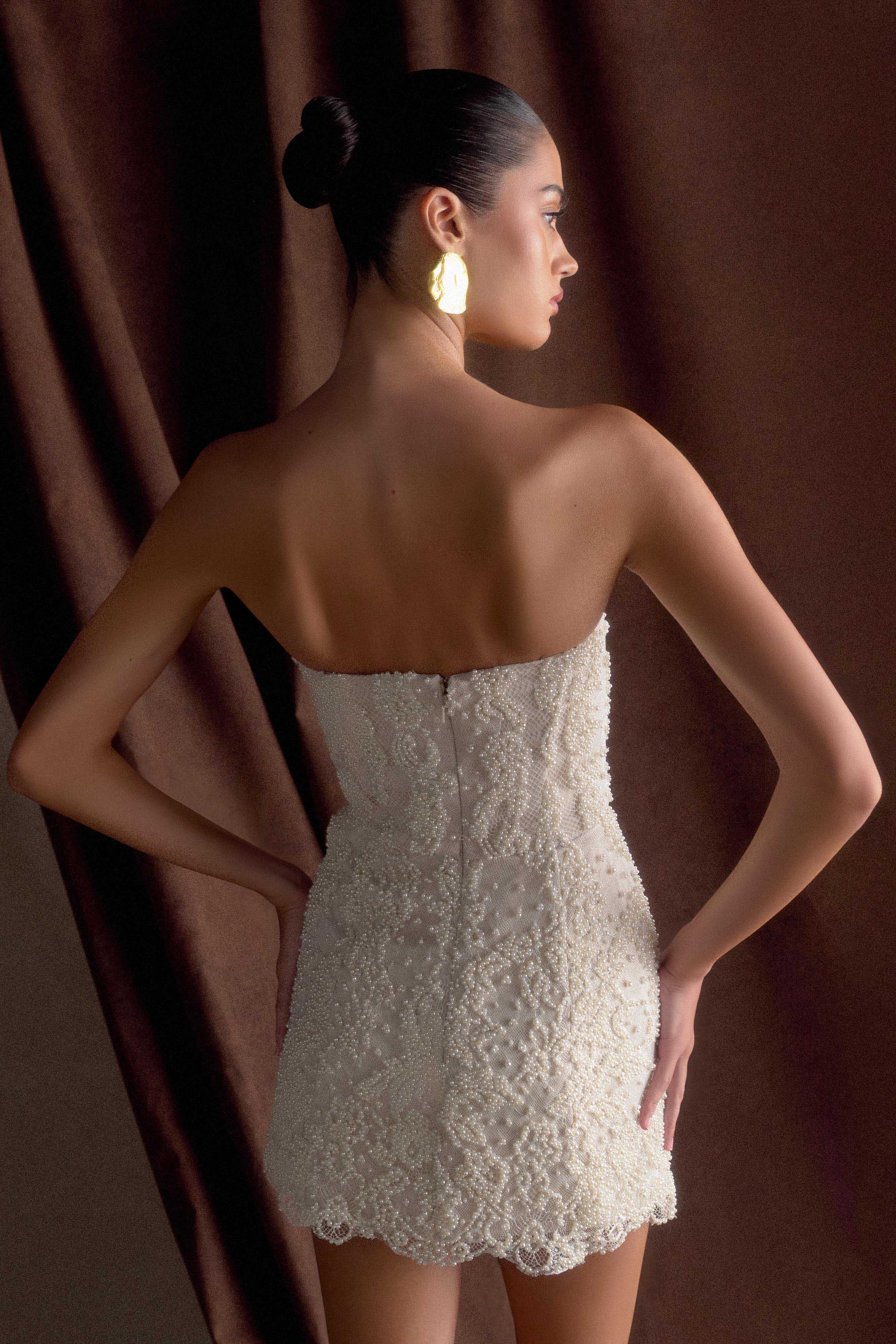 Eva Hand Beaded Pearl & Lace Mini Dress - White、mySite、solidvoid