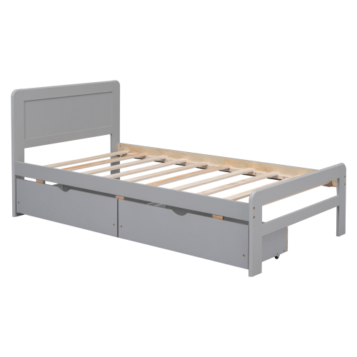 Modern Design Twin Size Platform Bed Frame with 2 Drawers for Walnut Color、、xpatfood