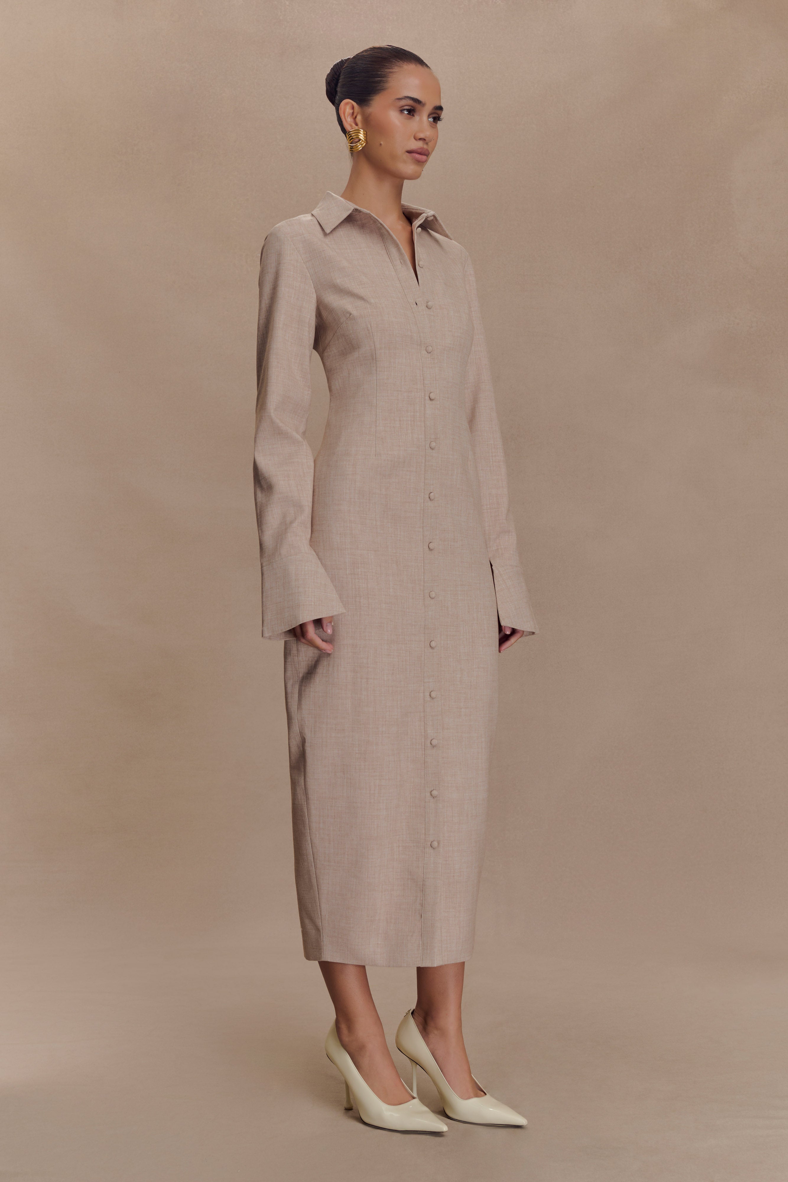Dorian Fitted Shirt Midi Dress - Wheat Marle、mySite、solidvoid