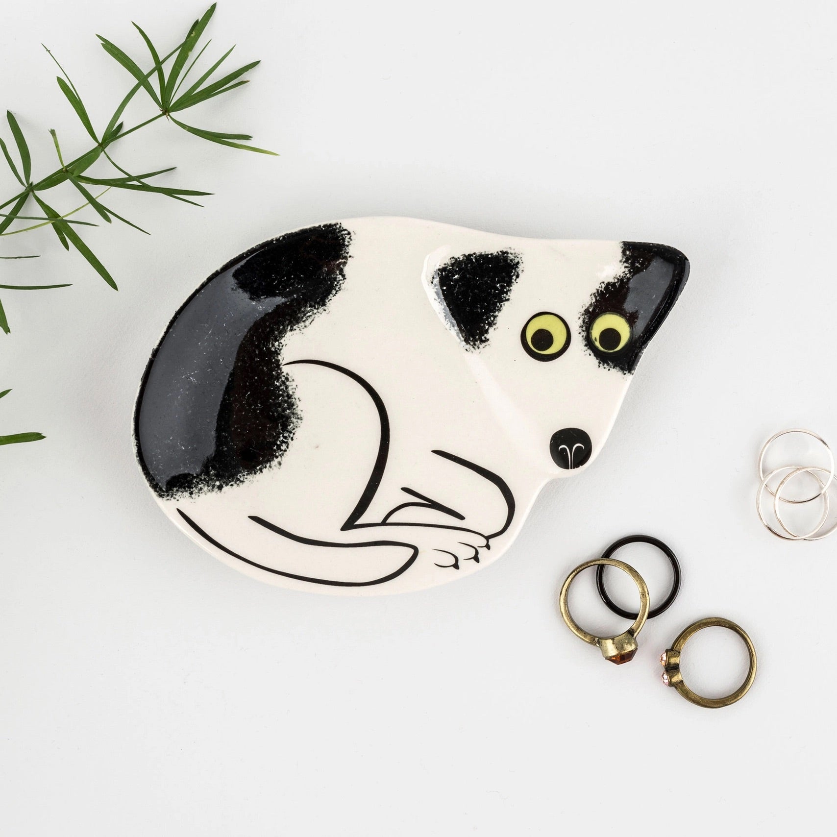 Handmade Ceramic Black and White Dog Trinket Dish、mySite、g9winljtr