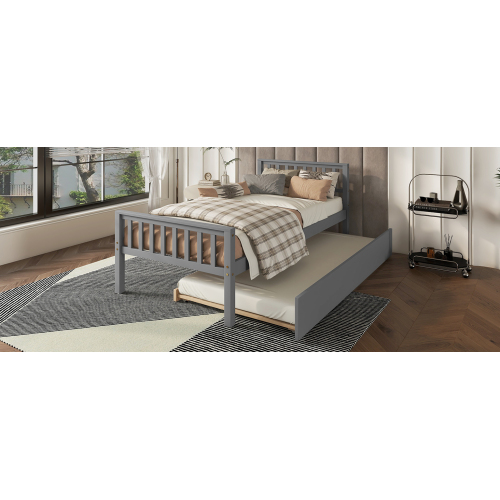 Twin Bed with Trundle, Platform Bed Frame with Headboard and Footboard, for Bedroom Small Living Space,No Box Spring Needed,White(New SKU:W504P148532)、、casual