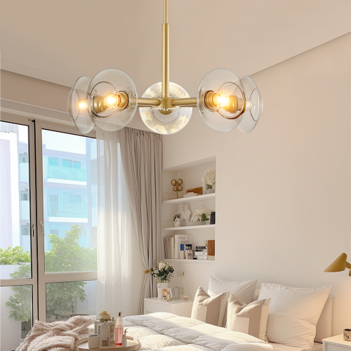 26" Modern Gold 5-Light Sputnik Chandelier with Clear Glass Shades, Mid-Century Hanging Pendant Light Fixture for Dining Room, Living Room, or Kitchen (Bulb Not Included)、、eastwooduniform