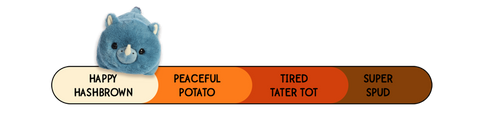 A Spudsters rhino plush by Aurora that is placed at happy hashbrown on the spud-o-meter