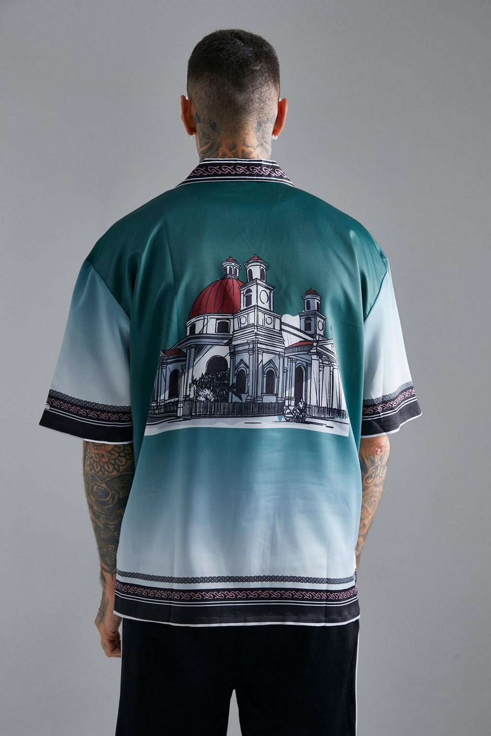  Boohooman Satin Oversized Revere Statue Border Shirt green、mySite、justintrudeaud