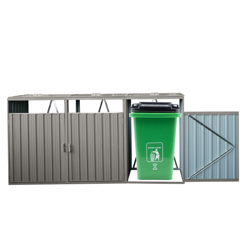 Garbage Bin Shed Stores 3 Trash Cans Metal Outdoor Bin Shed for Garbage Storage,Stainless Galvanized Steel, Bin Shed for Garden Yard Lawn,Grey、、eastwooduniform