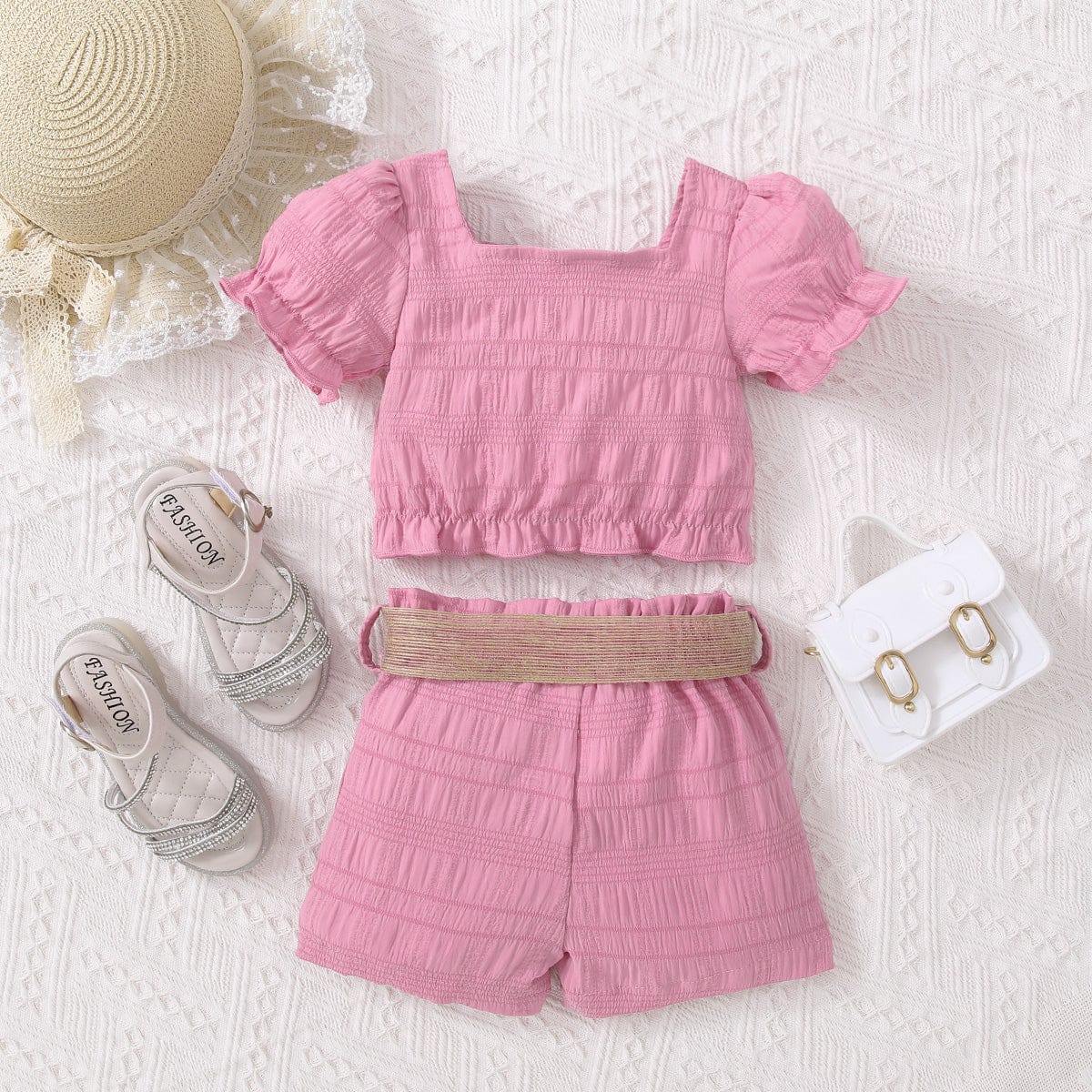 Girl's Textured Bow Detail Top and Belted Shorts Set、mySite、g9winljtr
