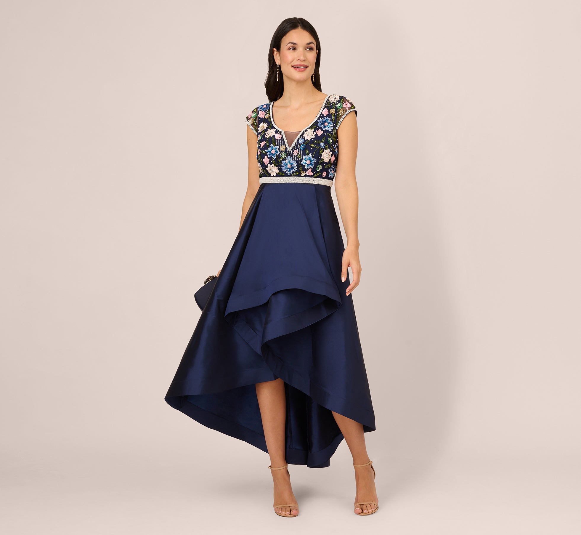 Cap Sleeve Beaded Gown With Taffeta High Low Skirt In Light Navy、mySite、solidvoid