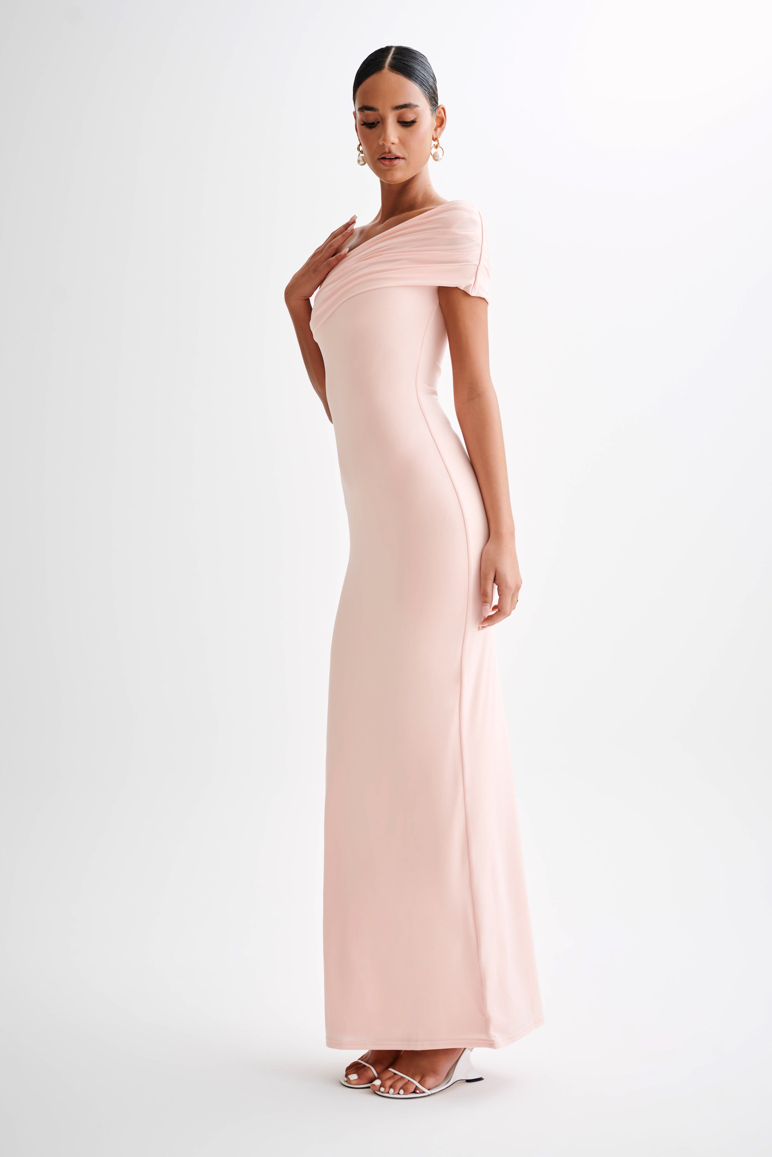 Cassandra Off Shoulder Slinky Maxi Dress - Pale Pink、mySite、solidvoid