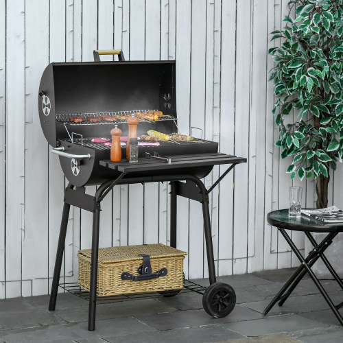 Outsunny 30" Portable Barrel Charcoal BBQ Grill, Steel Outdoor Barbecue Smoker with Storage Shelf, Wheels for Garden Camping Picnic, Black、、eastwooduniform
