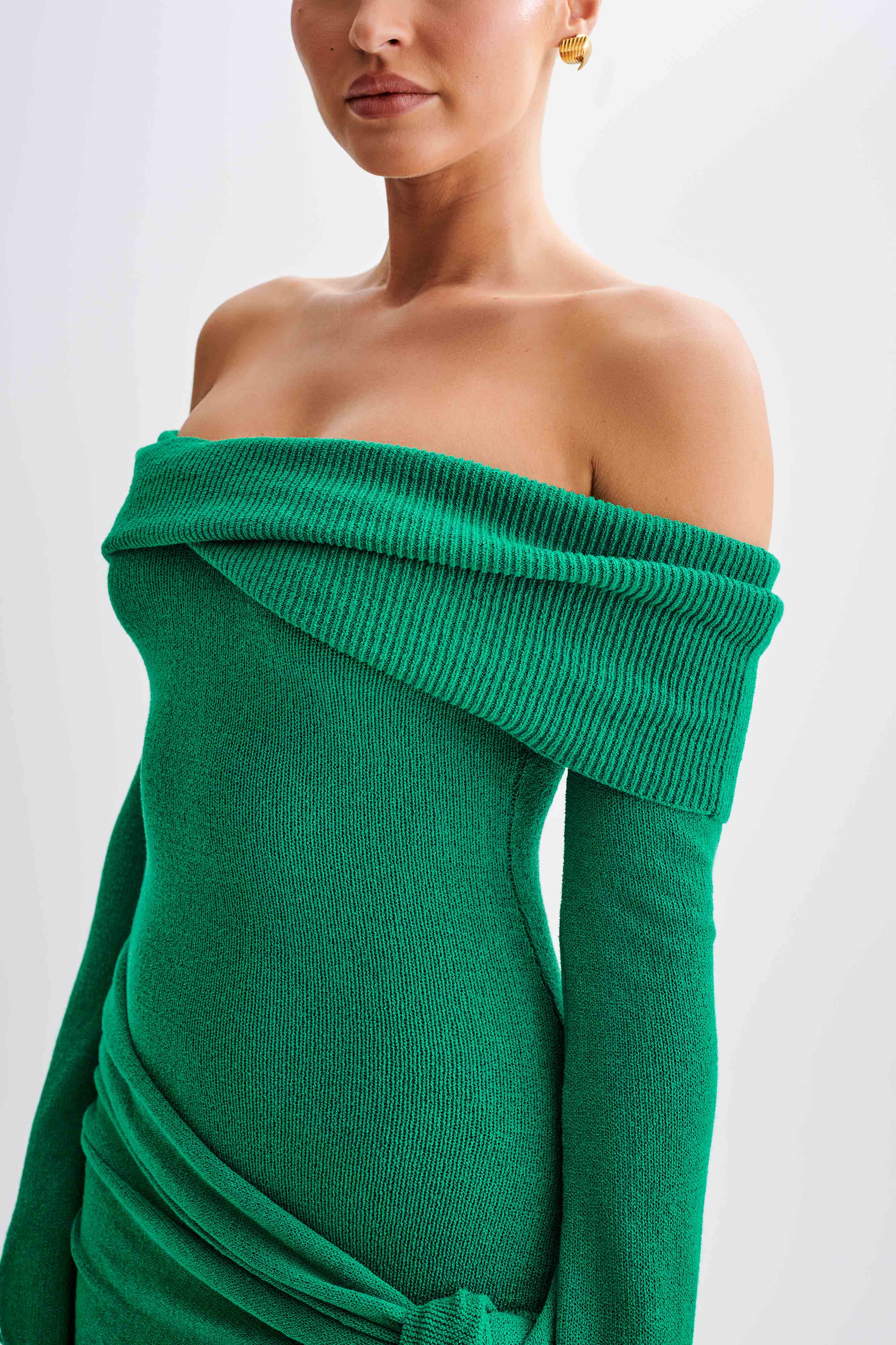 Camryn Off Shoulder Tie Knit Mini Dress - Green、mySite、solidvoid