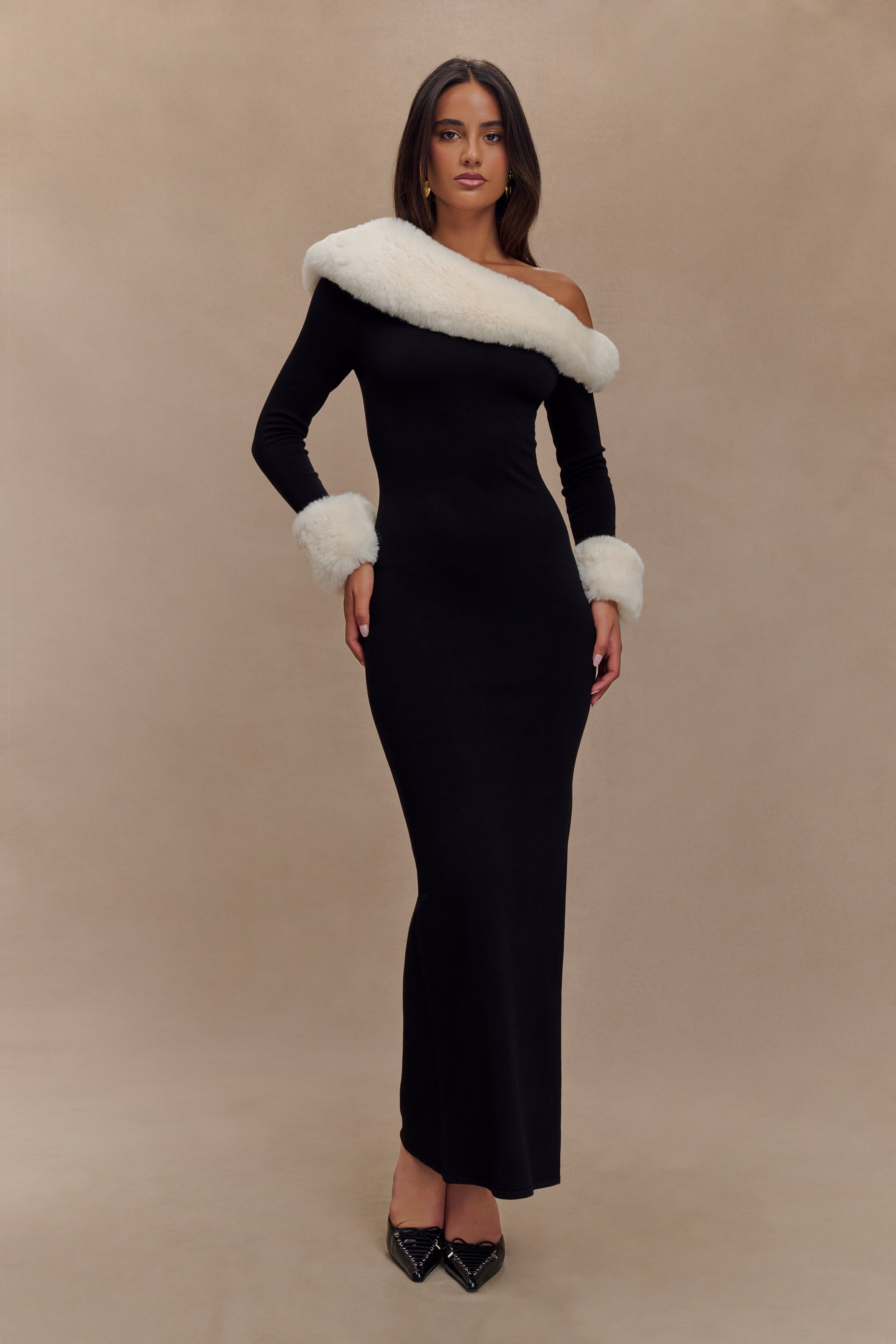 Karleigh Faux Fur Knit Maxi Dress - Black/White、mySite、solidvoid