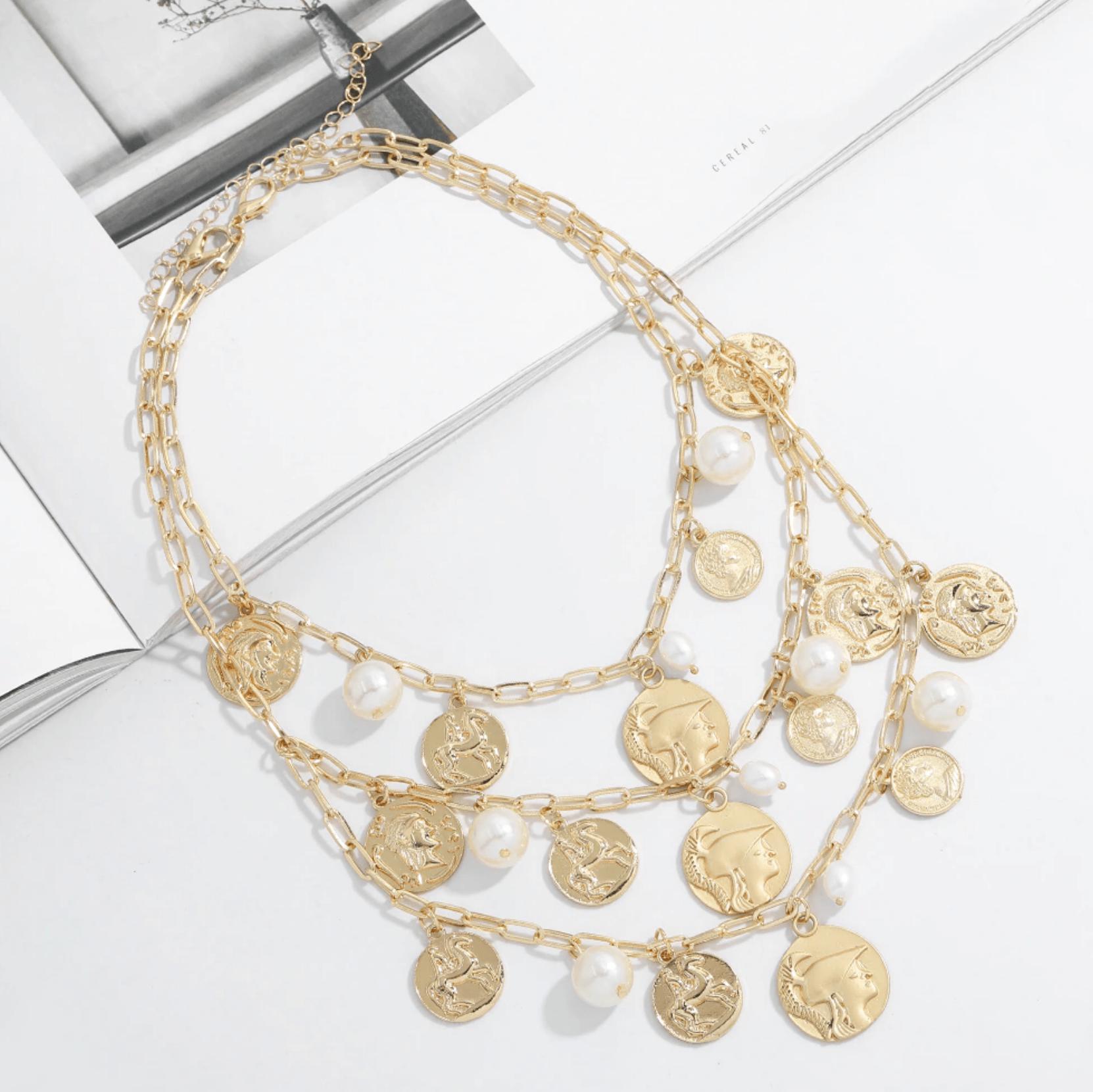  Multi Gold Coin & Cream Pearl Necklace、mySite、merchandisen
