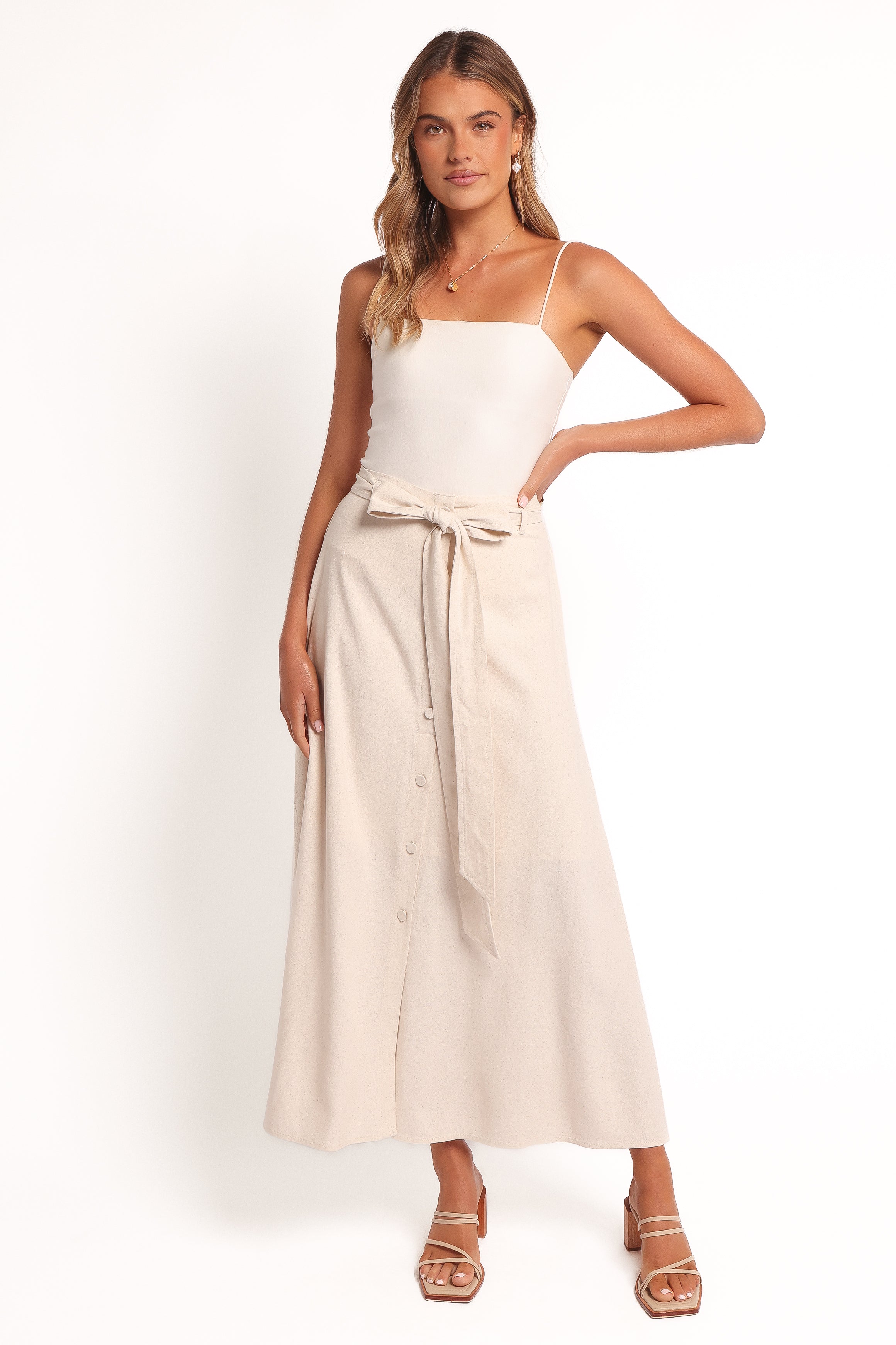  Xander Tie Waist Midi Skirt - Oatmeal、mySite、sugarbowlscore