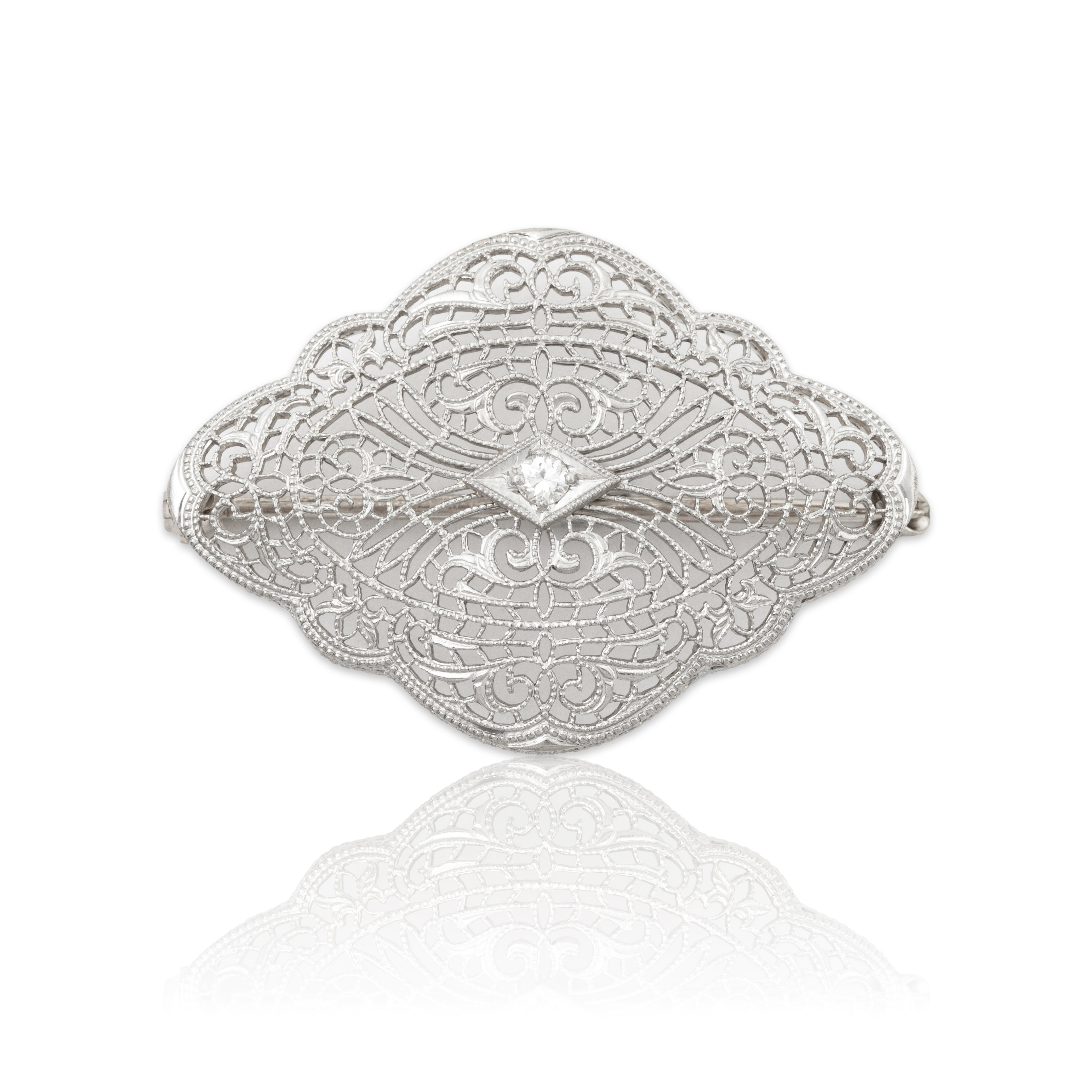 Antique Art Deco 14k White Gold Diamond Filigree Pin / Brooch、mySite、hinf8tx79