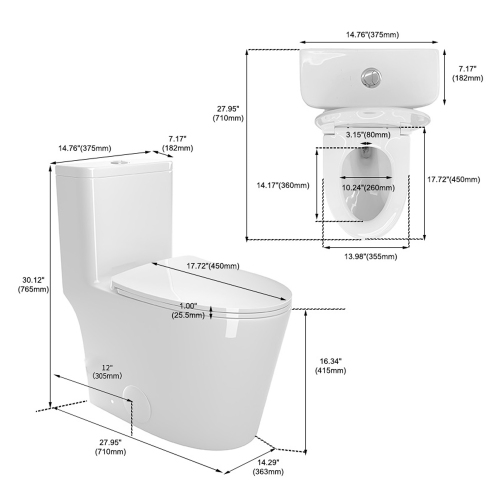 1.1/1.6 GPF Elongated Comfort Height Floor Mounted One-Piece Toilet, CUPC Certified, WaterSense Cetified, Ceramic, White Color, Soft Close Seat、、xpatfood