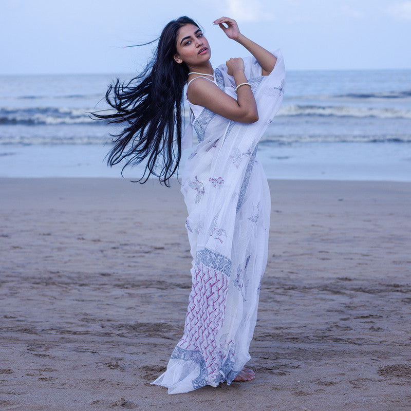 Kota Handblock Printed Saree | White & Blue、mySite、camillekostekn