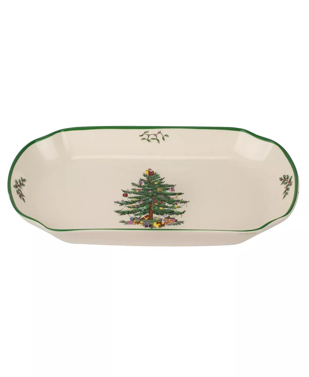 Christmas Tree Rectangular Scalloped Porcelain Tray Machine Washable Imported、mySite、g9winljtr