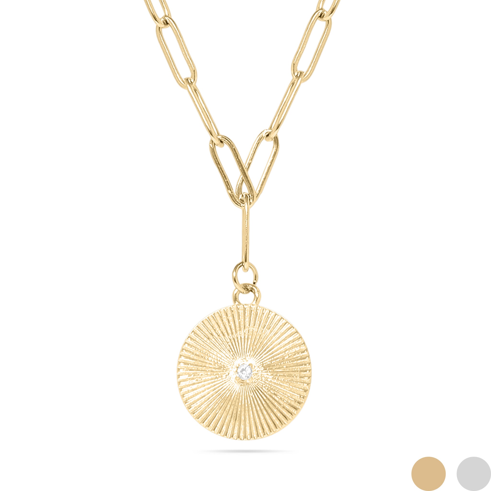 18K Gold PVD Stainless Steel Sunburst Medallion CZ Paperclip Necklace / CHN9967、mySite、dreamappss