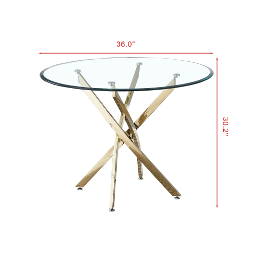 Contemporary Round Clear Dining Tempered Glass Table with Gold Finish Stainless Steel Legs、、casual