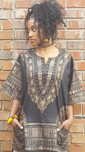Black and Gold Traditional African Print Dashiki Shirt-DP3764W、mySite、solidvoid