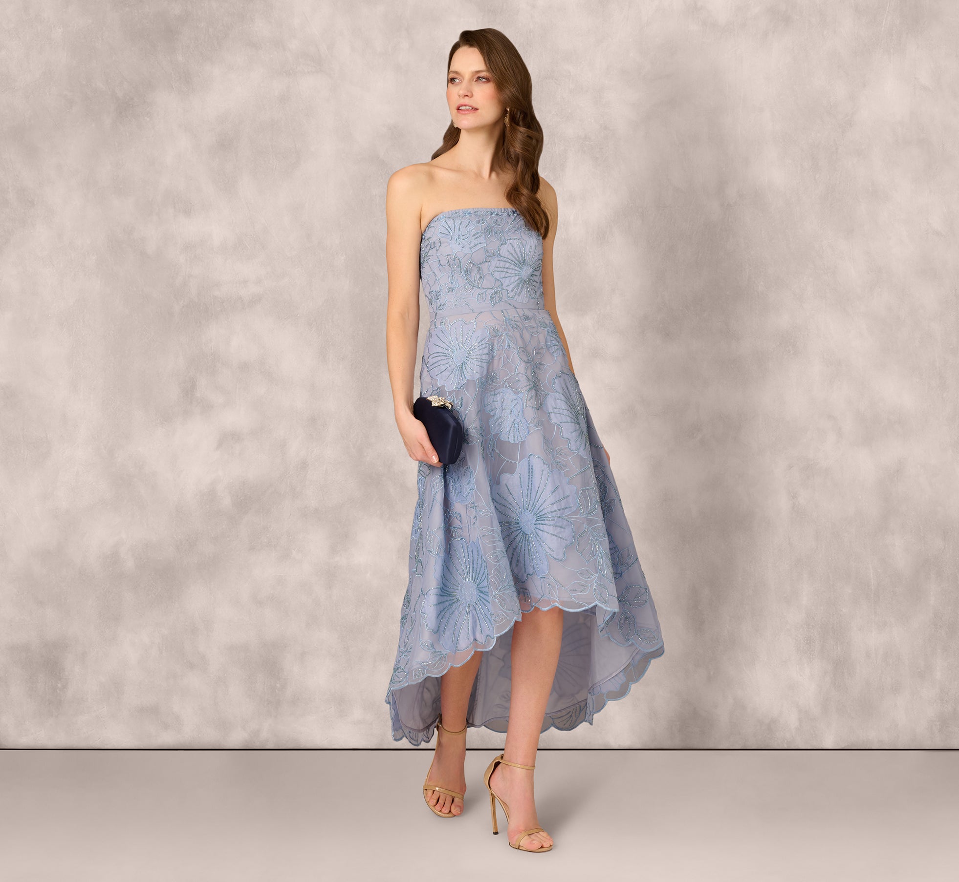 Strapless Floral Embroidered High Low Midi Dress In Blue Cloud、mySite、solidvoid