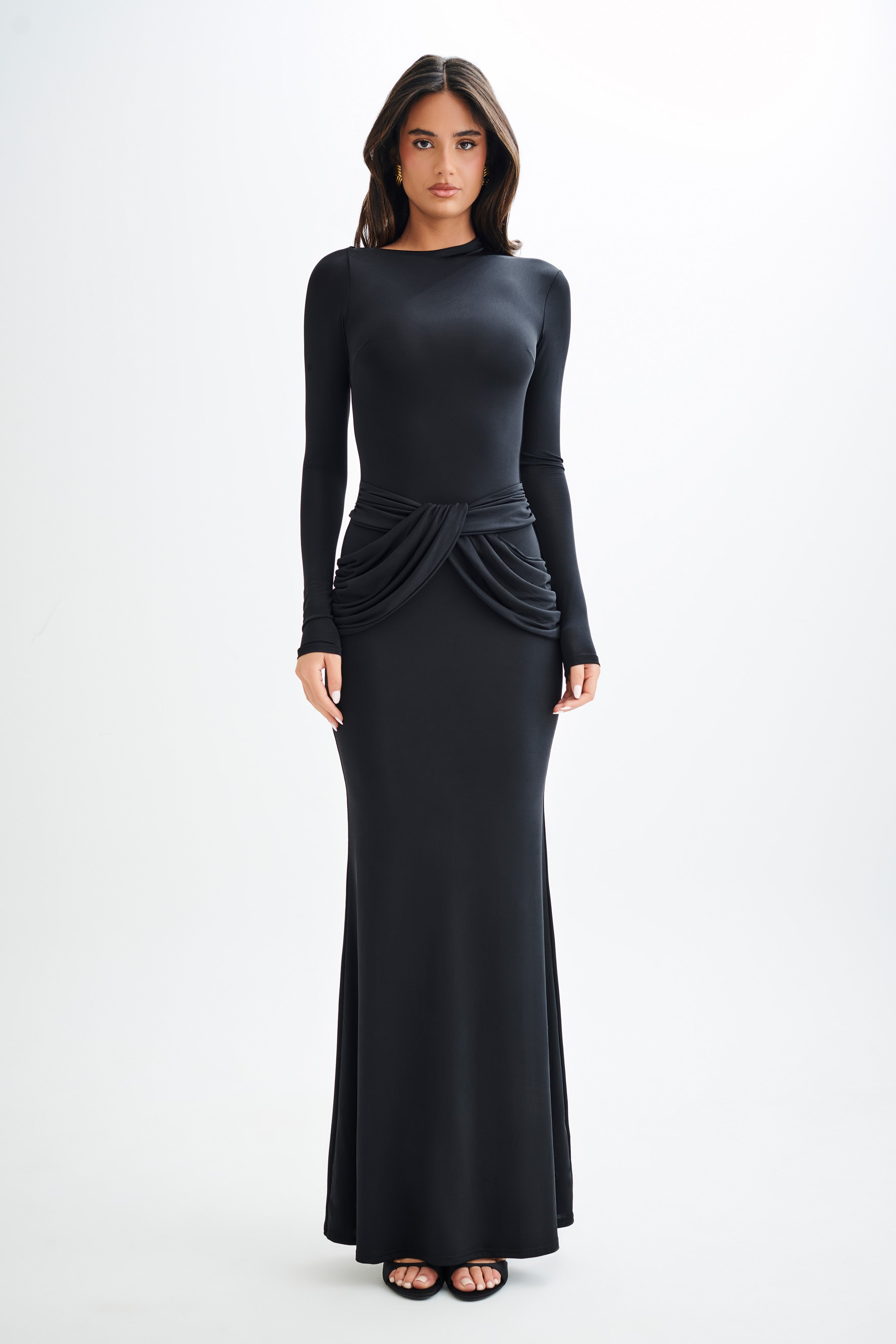 Halcyon Long Sleeve Slinky Maxi Dress - Black、mySite、solidvoid